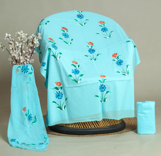 HAND PAINTED COTTON SUIT WITH PURE CHIFFON DUPATTA
