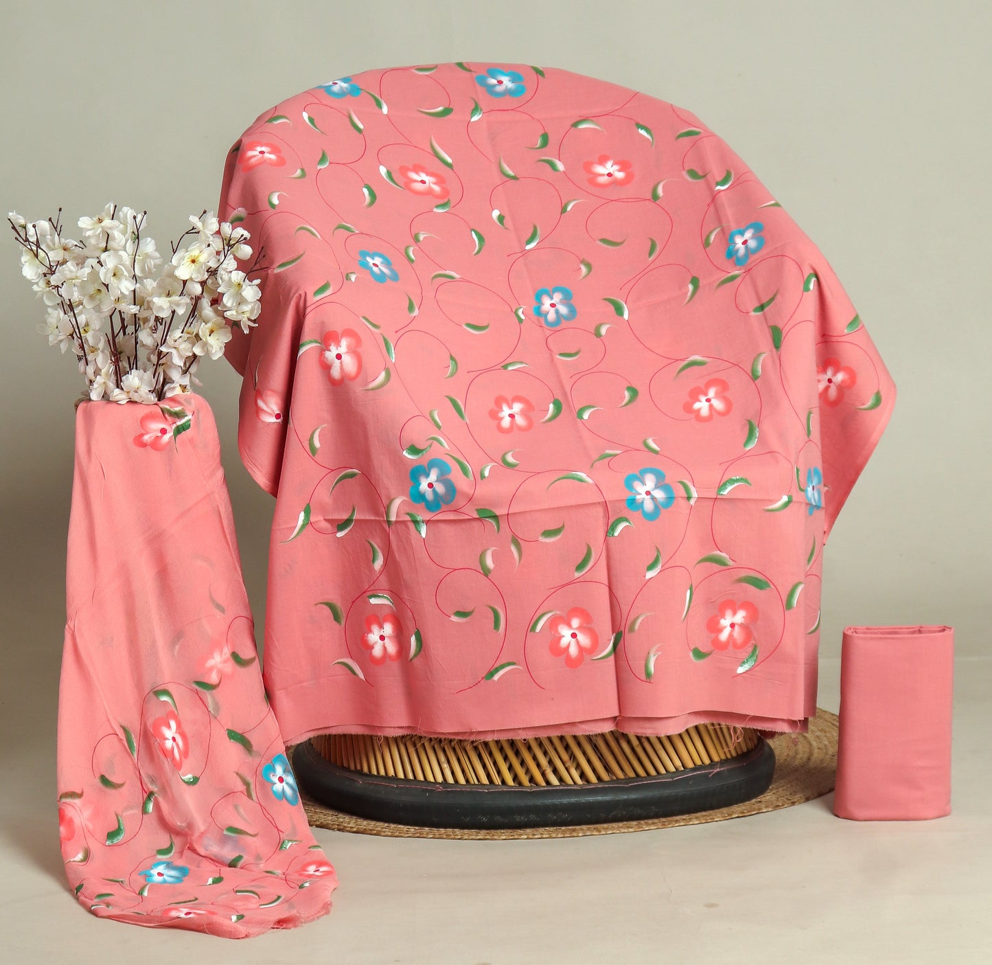 HAND PAINTED COTTON SUIT WITH PURE CHIFFON DUPATTA
