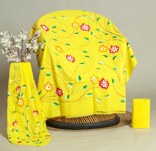 HAND PAINTED COTTON SUIT WITH PURE CHIFFON DUPATTA