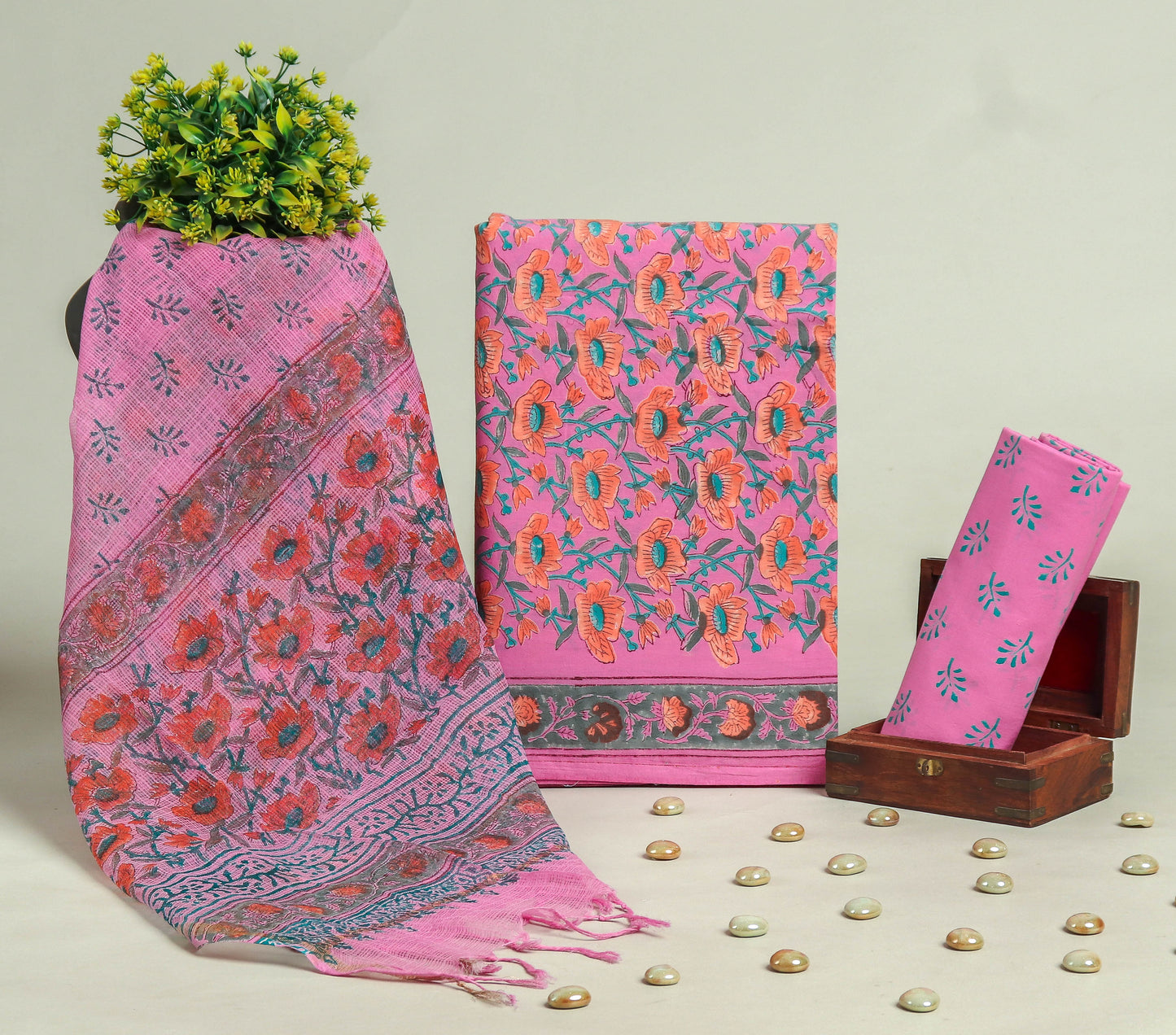 Beautiful Discharge Printed Cotton Suit with Pure Kota Doria Dupatta