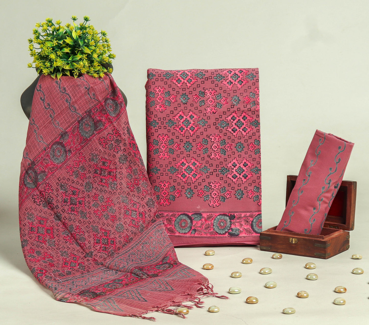 Beautiful Discharge Printed Cotton Suit with Pure Kota Doria Dupatta