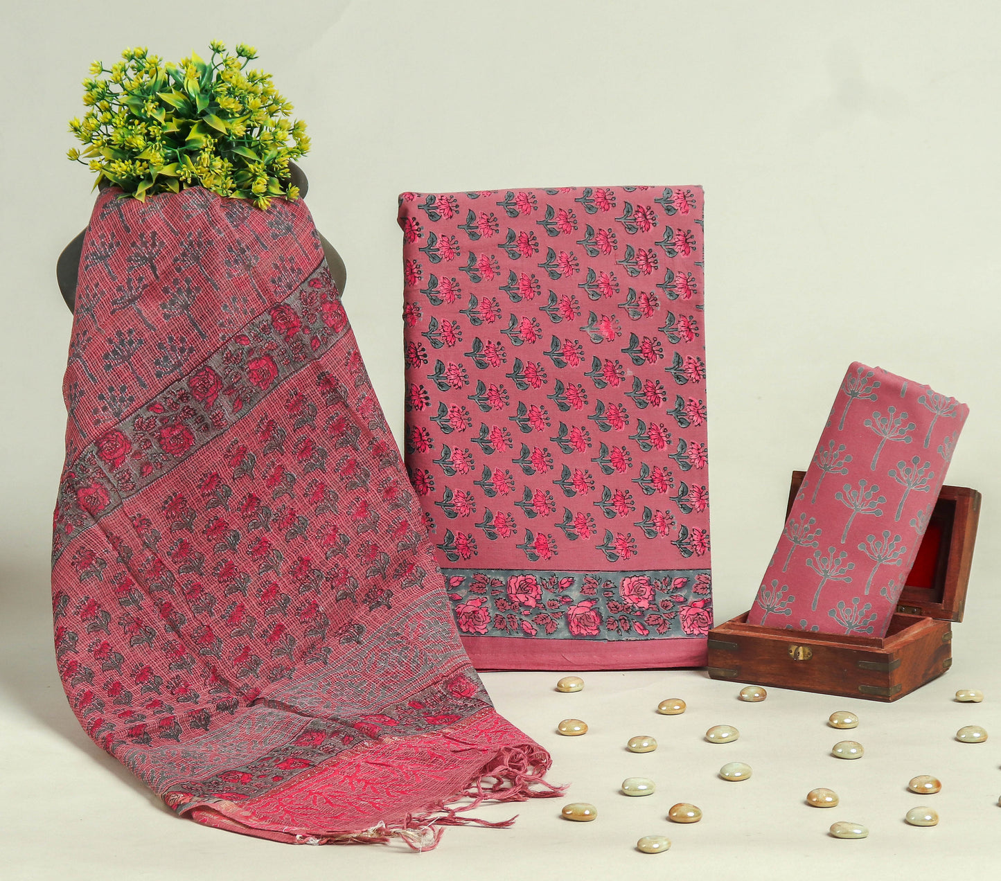 Beautiful Discharge Printed Cotton Suit with Pure Kota Doria Dupatta