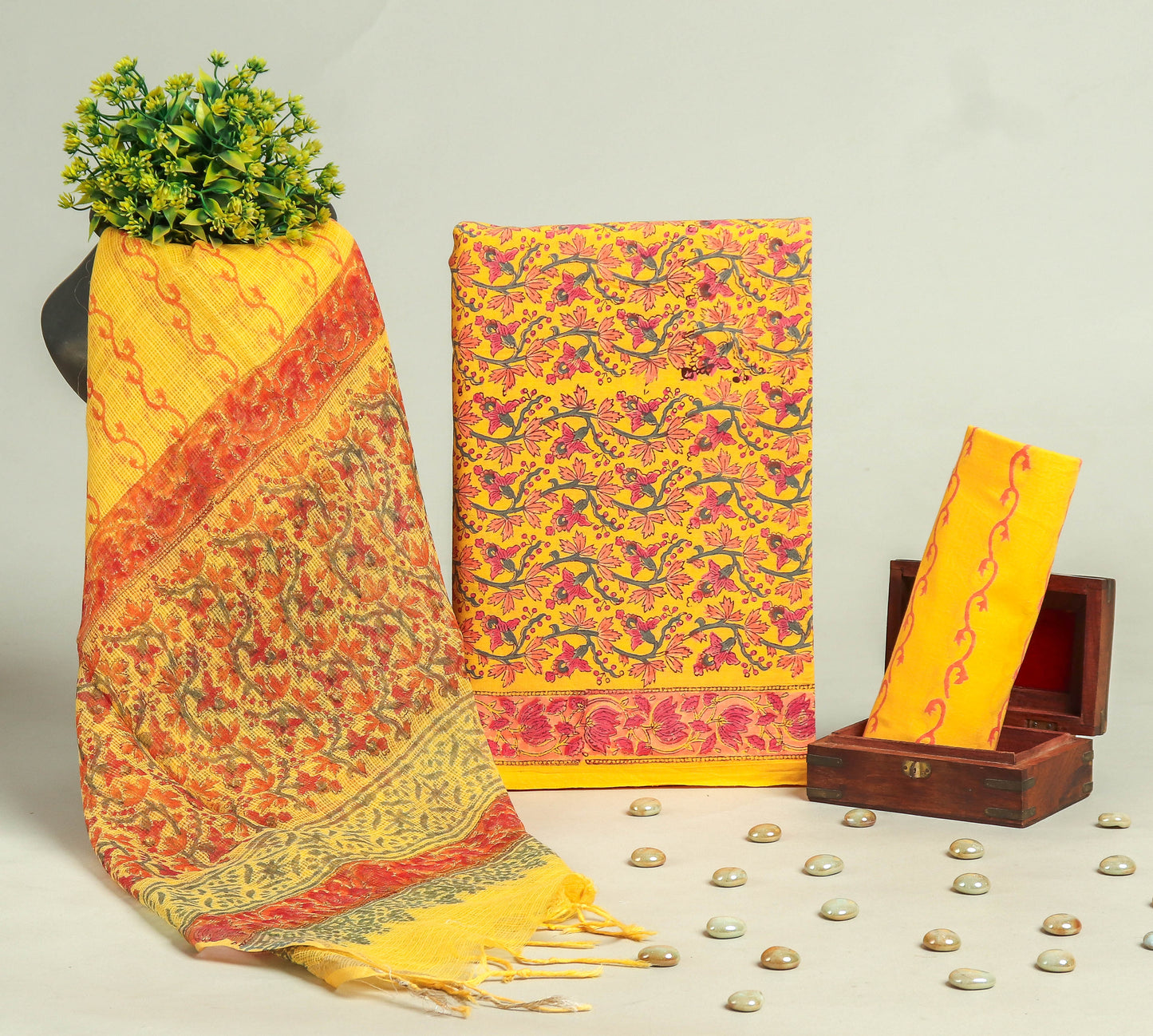 Beautiful Discharge Printed Cotton Suit with Pure Kota Doria Dupatta