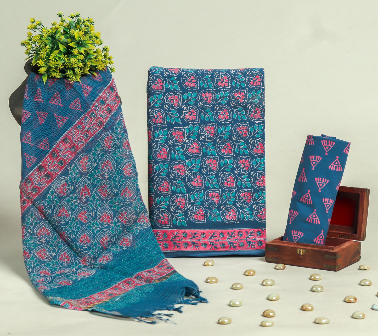 Beautiful Discharge Printed Cotton Suit with Pure Kota Doria Dupatta