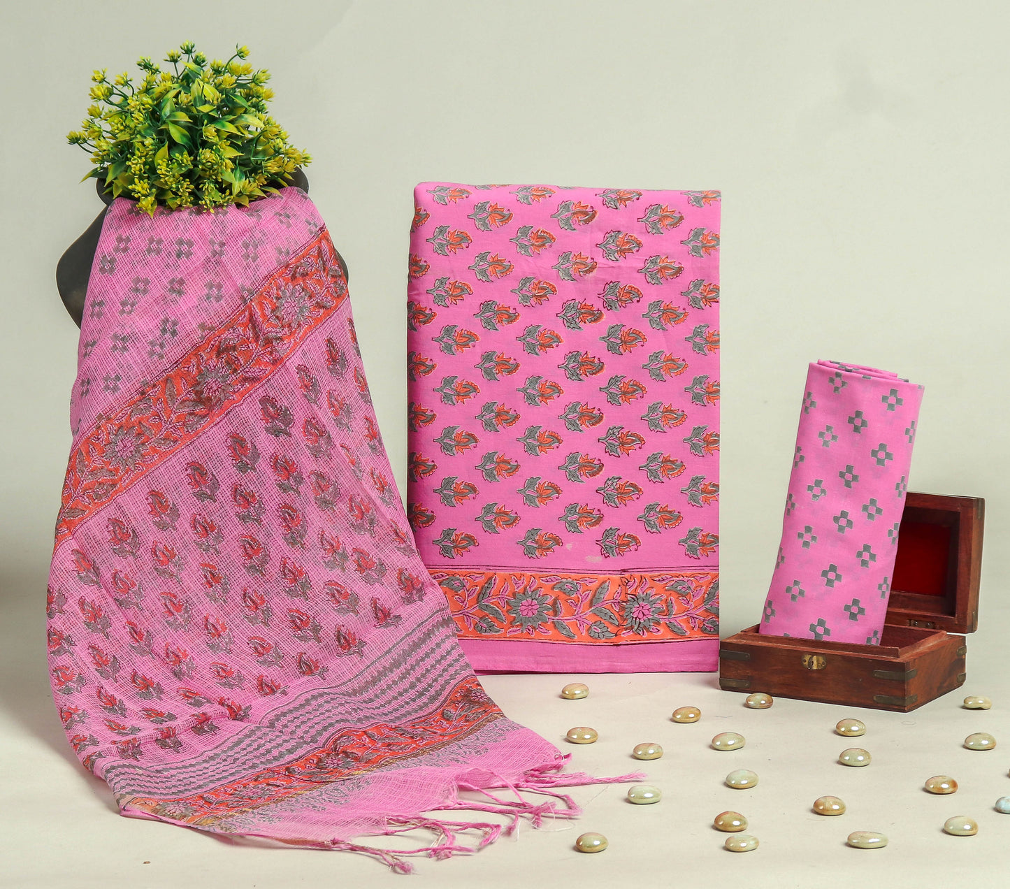 Beautiful Discharge Printed Cotton Suit with Pure Kota Doria Dupatta