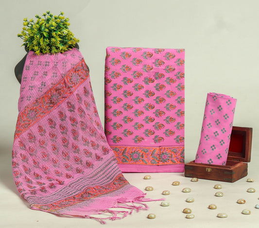 Beautiful Discharge Printed Cotton Suit with Pure Kota Doria Dupatta