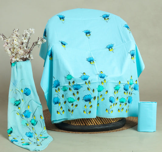HAND PAINTED COTTON SUIT WITH PURE CHIFFON DUPATTA