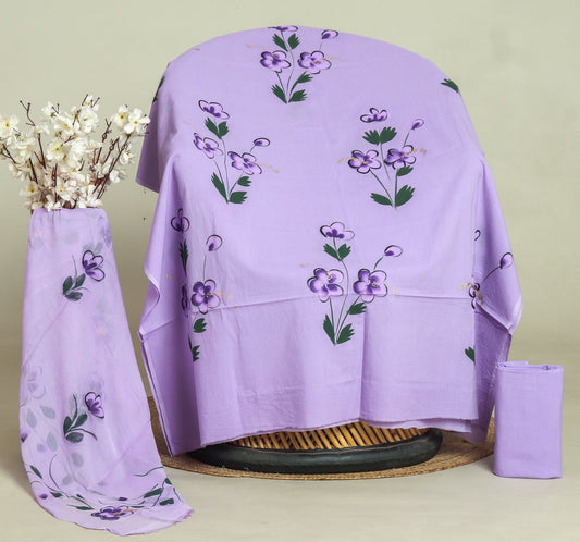 HAND PAINTED COTTON SUIT WITH PURE CHIFFON DUPATTA