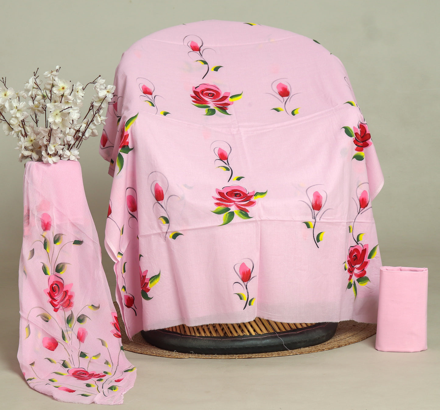 HAND PAINTED COTTON SUIT WITH PURE CHIFFON DUPATTA