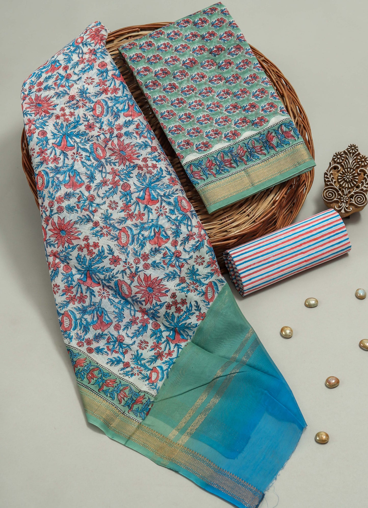 Hand Block Printed Maheshwari Silk Suit with Maheshwari Silk Dupatta