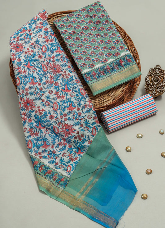 Hand Block Printed Maheshwari Silk Suit with Maheshwari Silk Dupatta