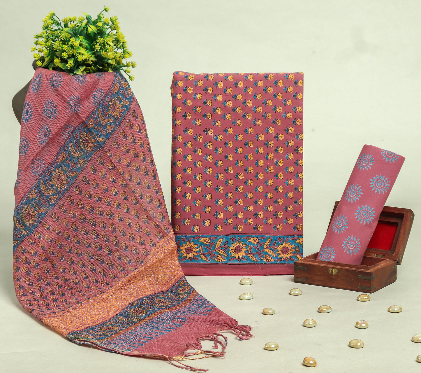 Beautiful Discharge Printed Cotton Suit with Pure Kota Doria Dupatta