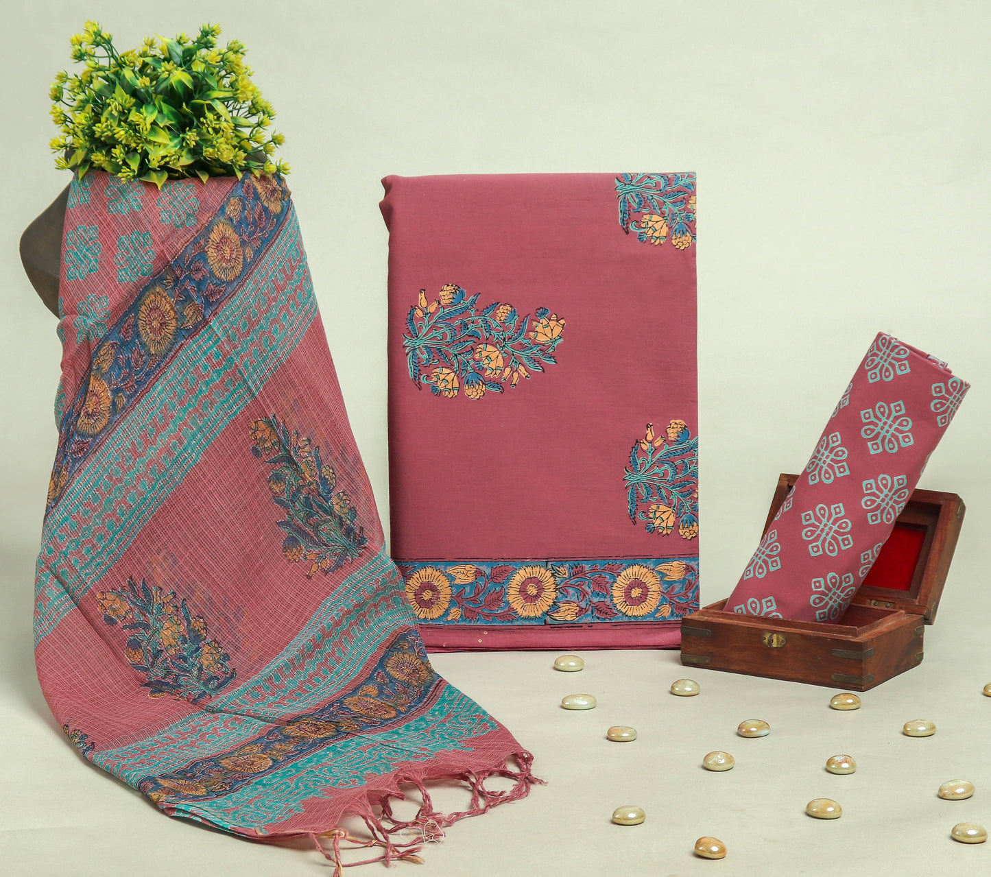 Beautiful Discharge Printed Cotton Suit with Pure Kota Doria Dupatta