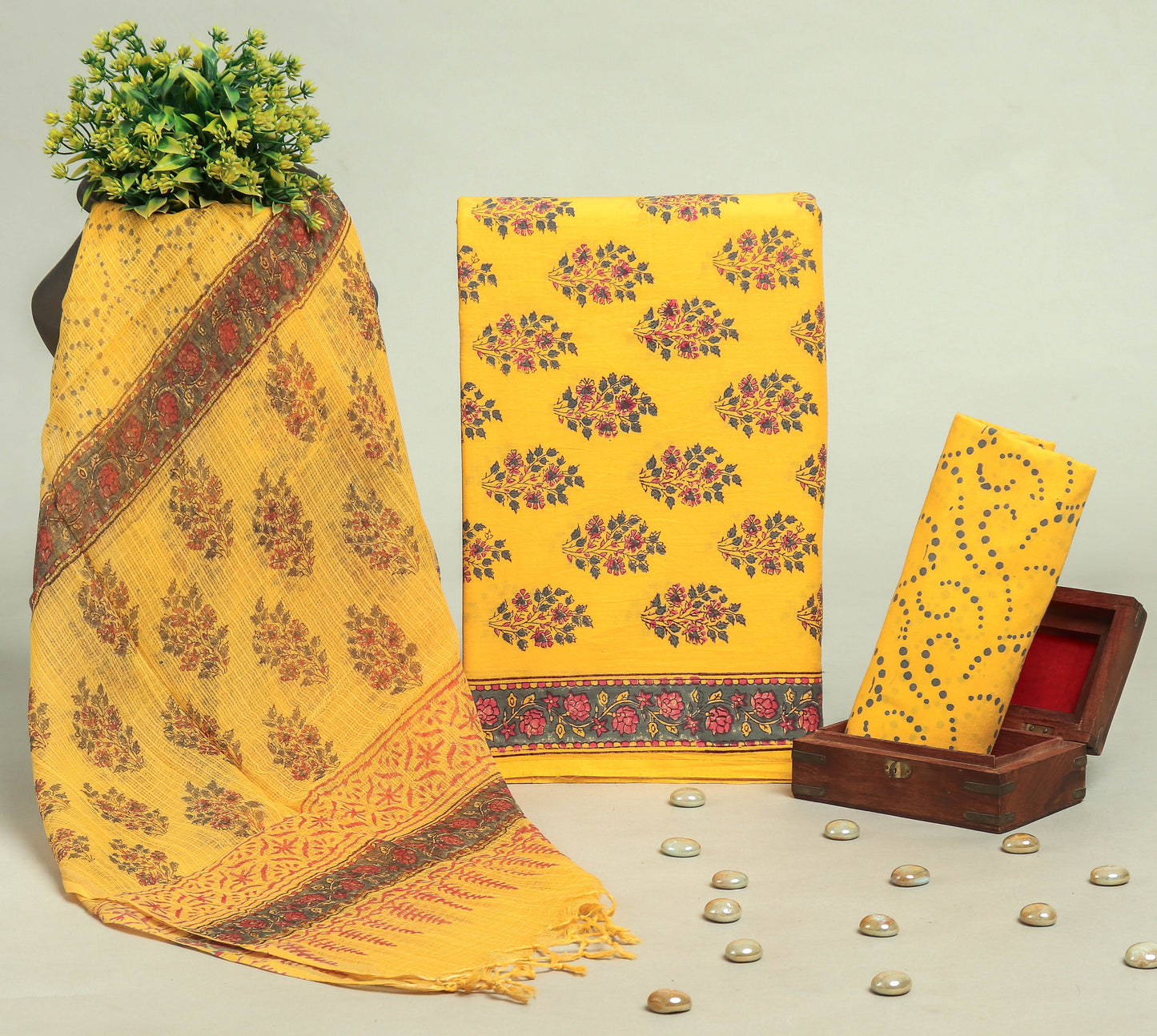 Beautiful Discharge Printed Cotton Suit with Pure Kota Doria Dupatta