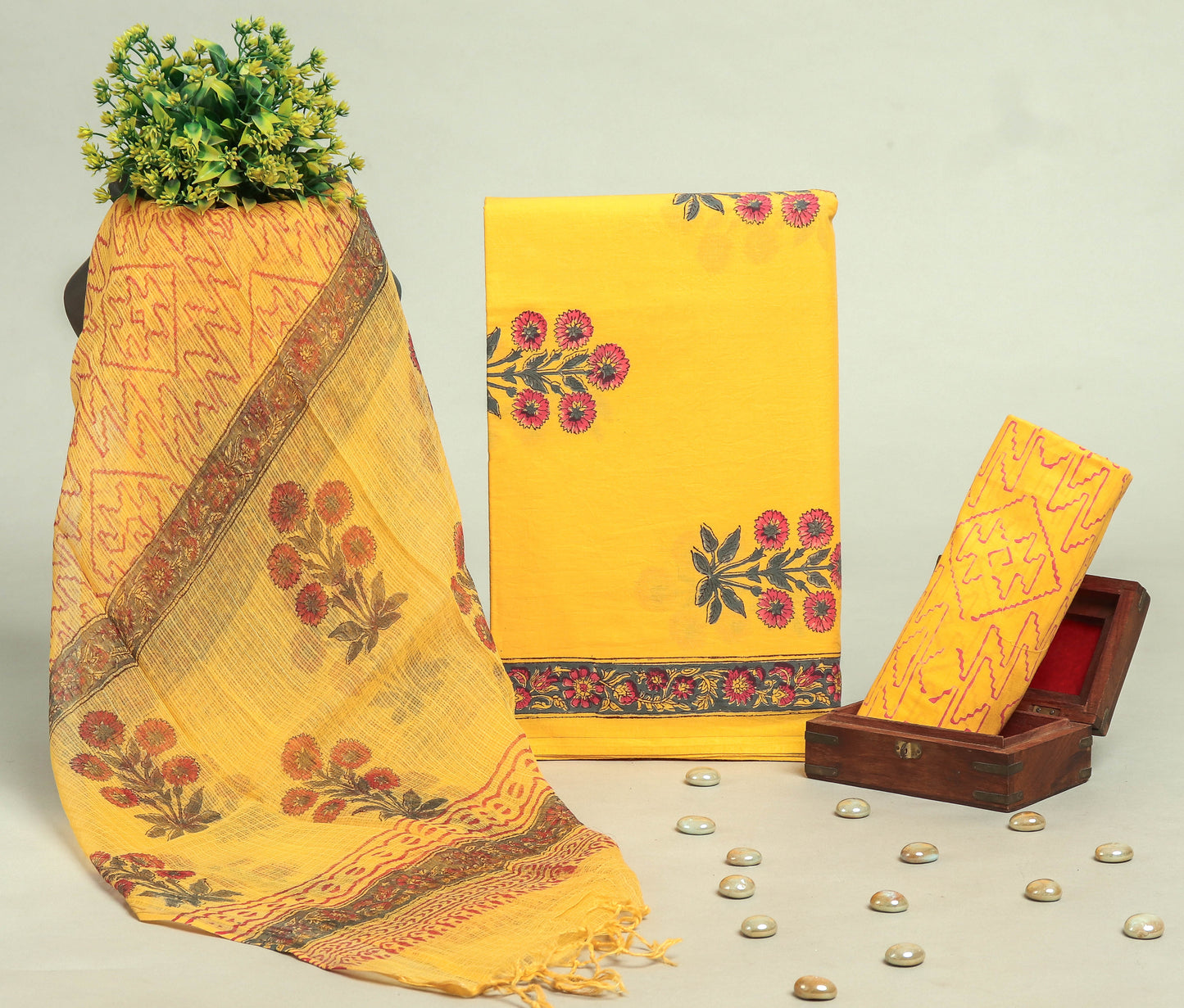 Beautiful Discharge Printed Cotton Suit with Pure Kota Doria Dupatta
