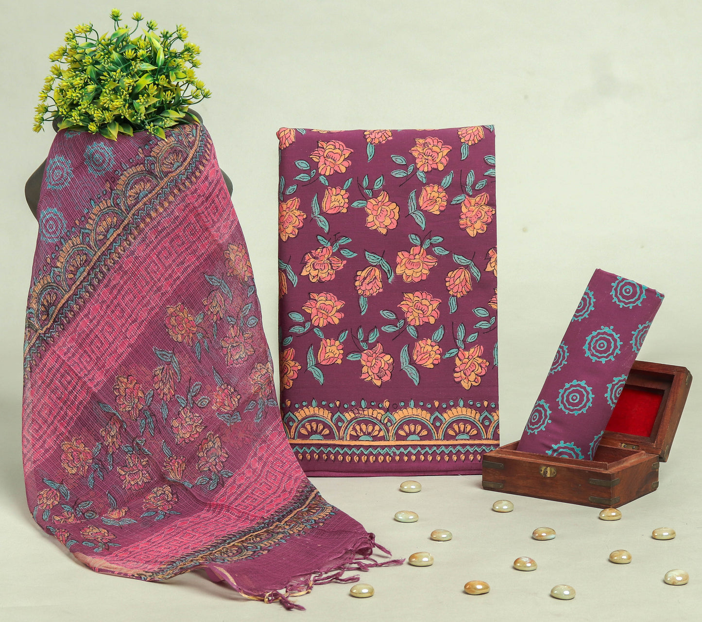 Beautiful Discharge Printed Cotton Suit with Pure Kota Doria Dupatta