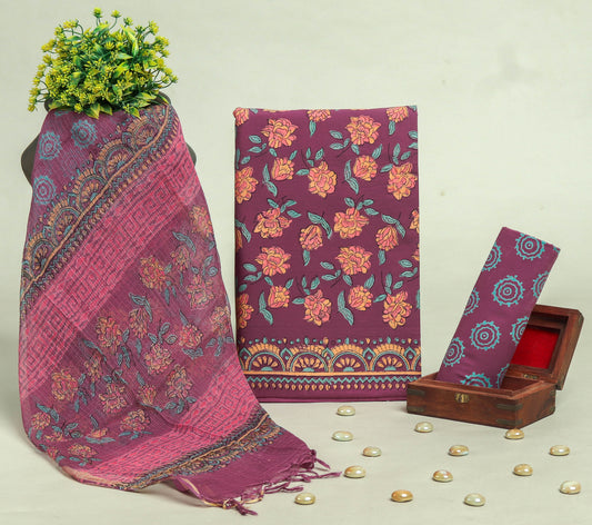 Beautiful Discharge Printed Cotton Suit with Pure Kota Doria Dupatta