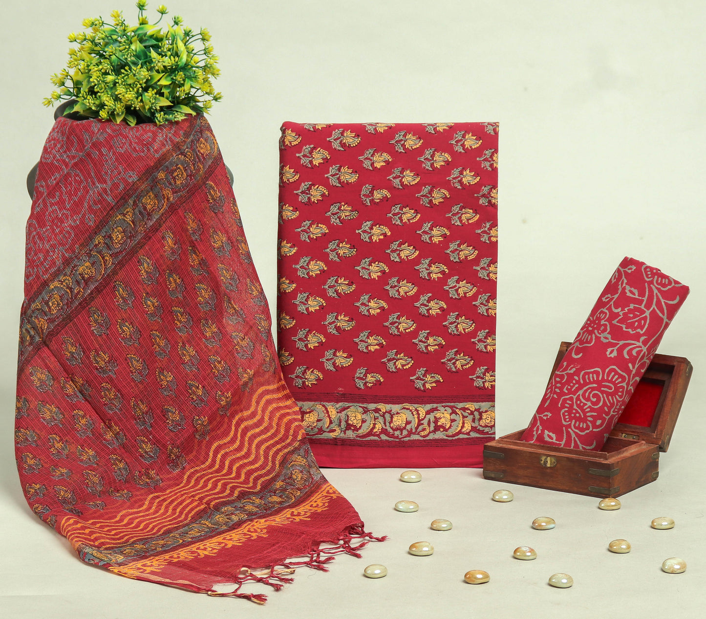 Beautiful Discharge Printed Cotton Suit with Pure Kota Doria Dupatta