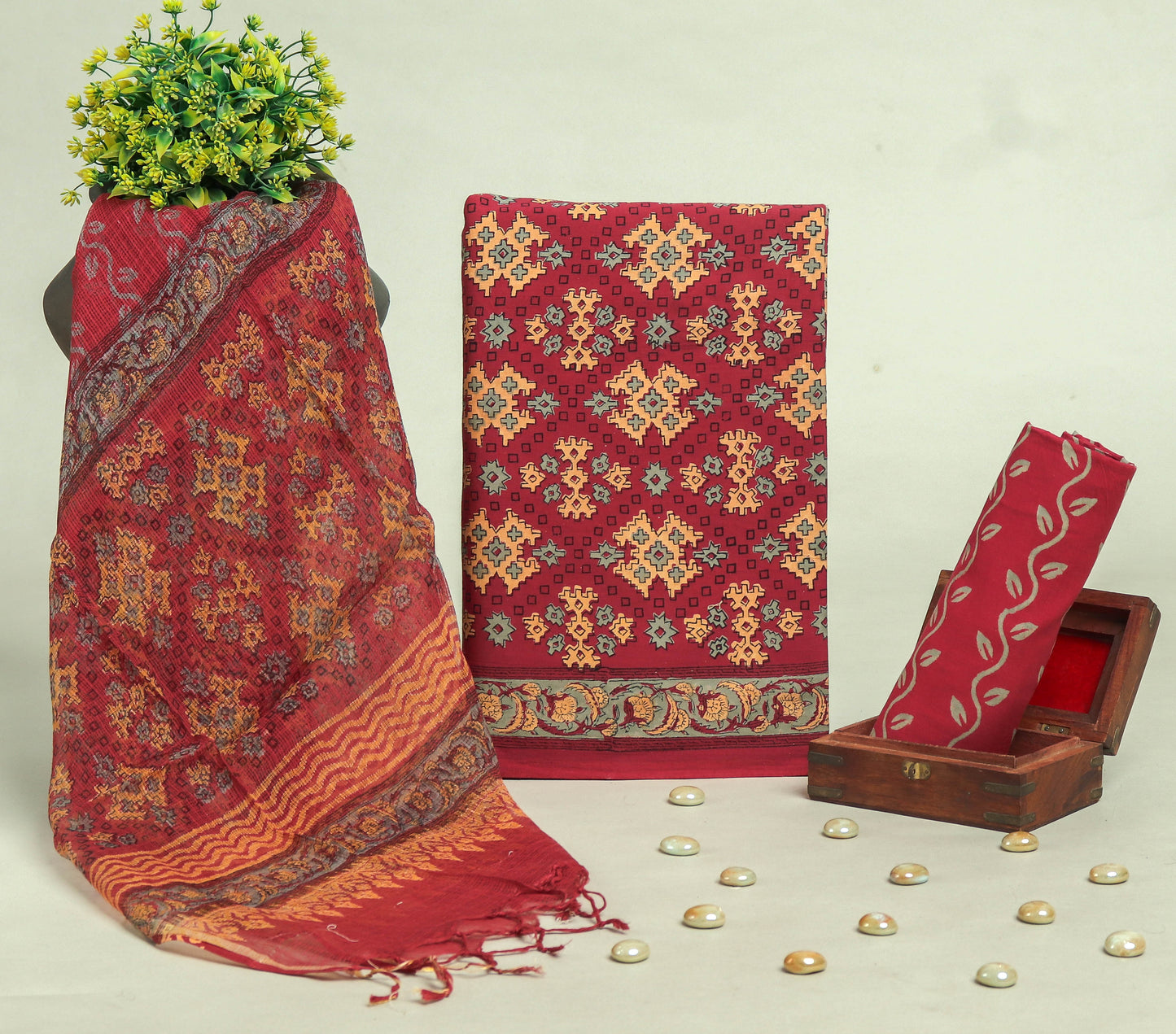 Beautiful Discharge Printed Cotton Suit with Pure Kota Doria Dupatta