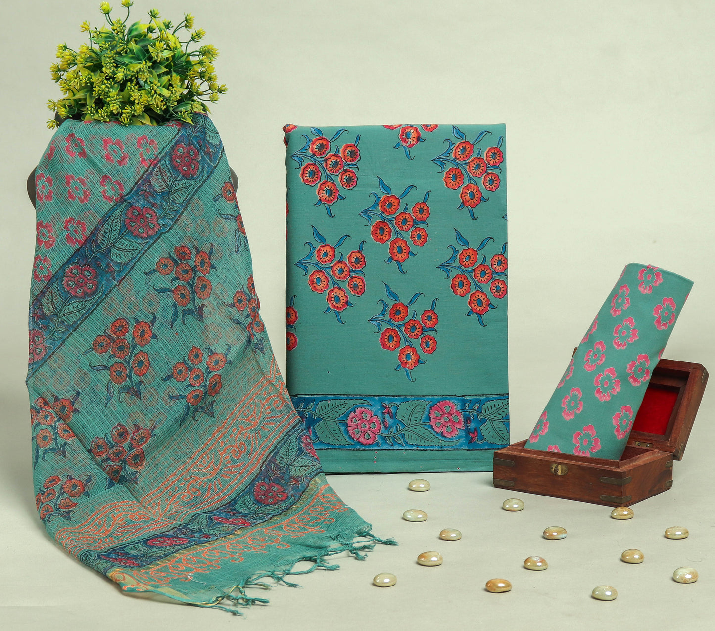 Beautiful Discharge Printed Cotton Suit with Pure Kota Doria Dupatta