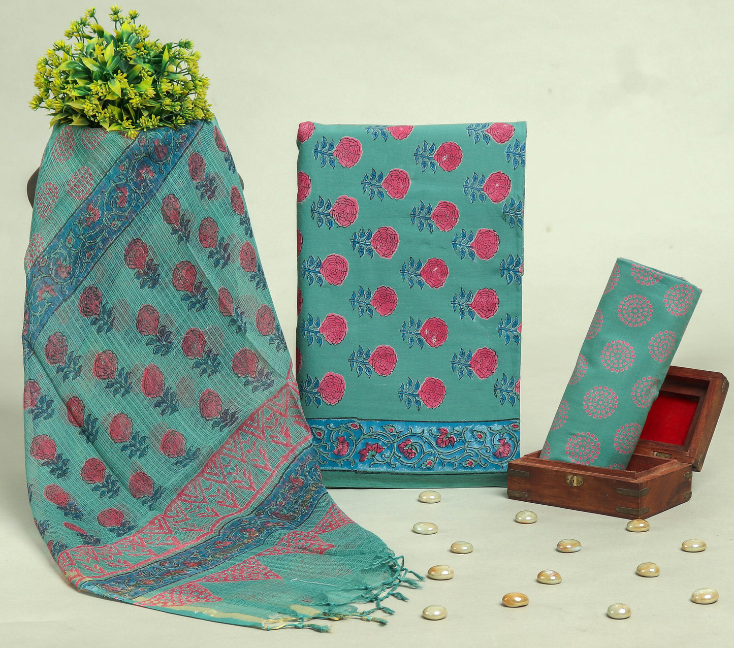 Beautiful Discharge Printed Cotton Suit with Pure Kota Doria Dupatta