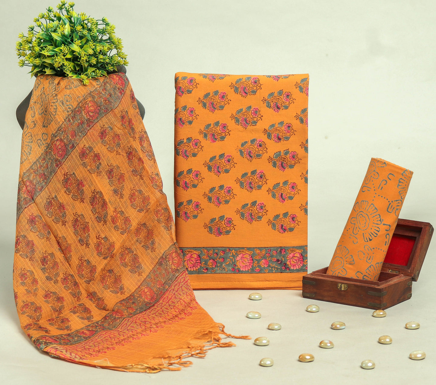 Beautiful Discharge Printed Cotton Suit with Pure Kota Doria Dupatta