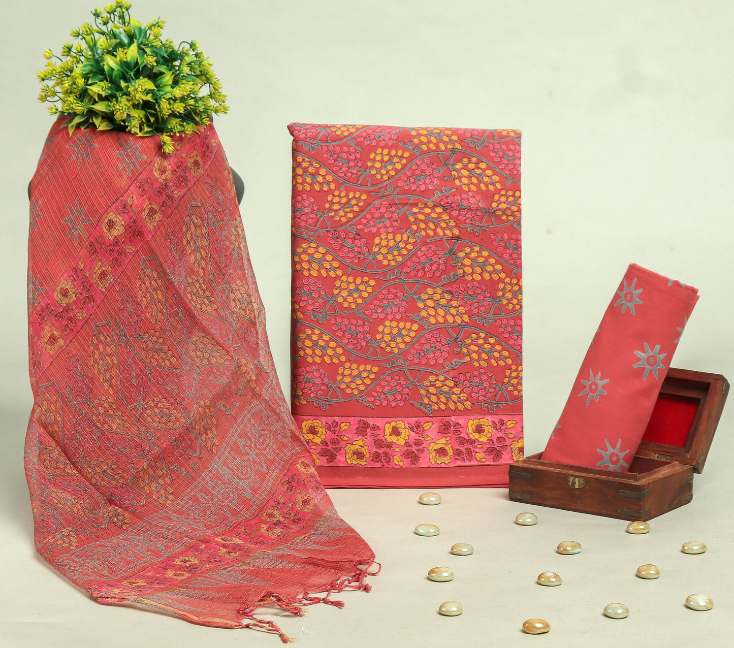 Beautiful Discharge Printed Cotton Suit with Pure Kota Doria Dupatta