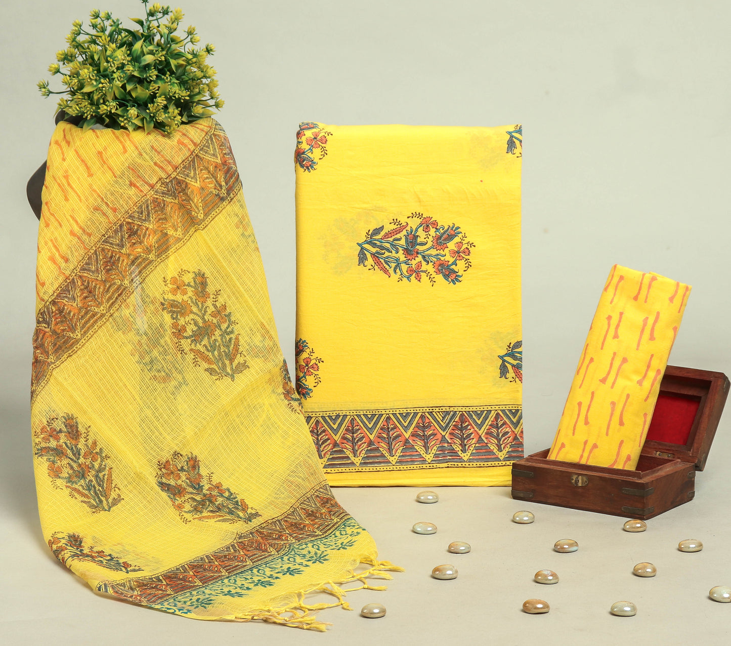 Beautiful Discharge Printed Cotton Suit with Pure Kota Doria Dupatta