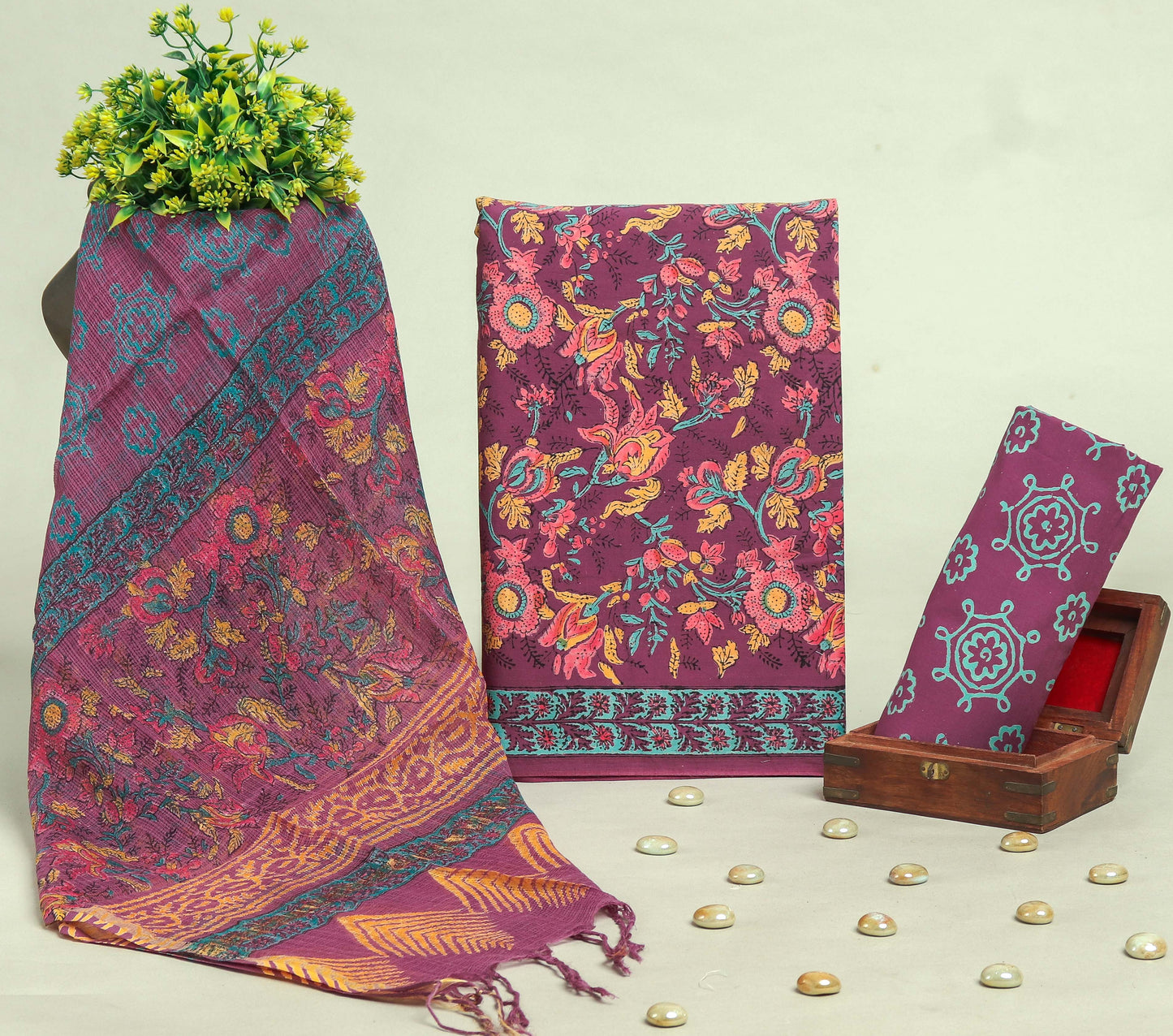 Beautiful Discharge Printed Cotton Suit with Pure Kota Doria Dupatta