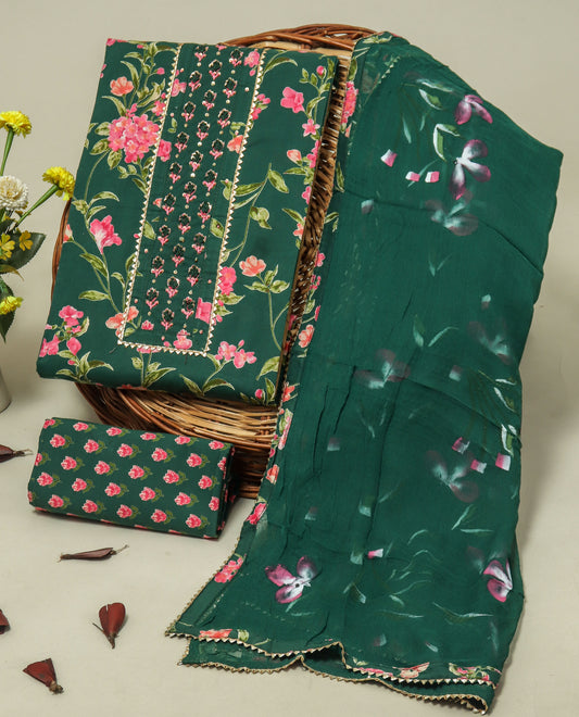 Cotton Printed Neck Work Suits with Chiffon dupatta