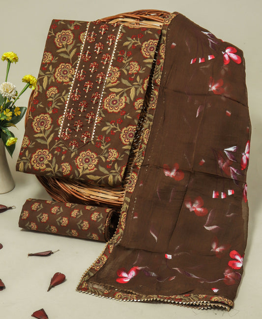 Cotton Printed Neck Work Suits with Chiffon dupatta
