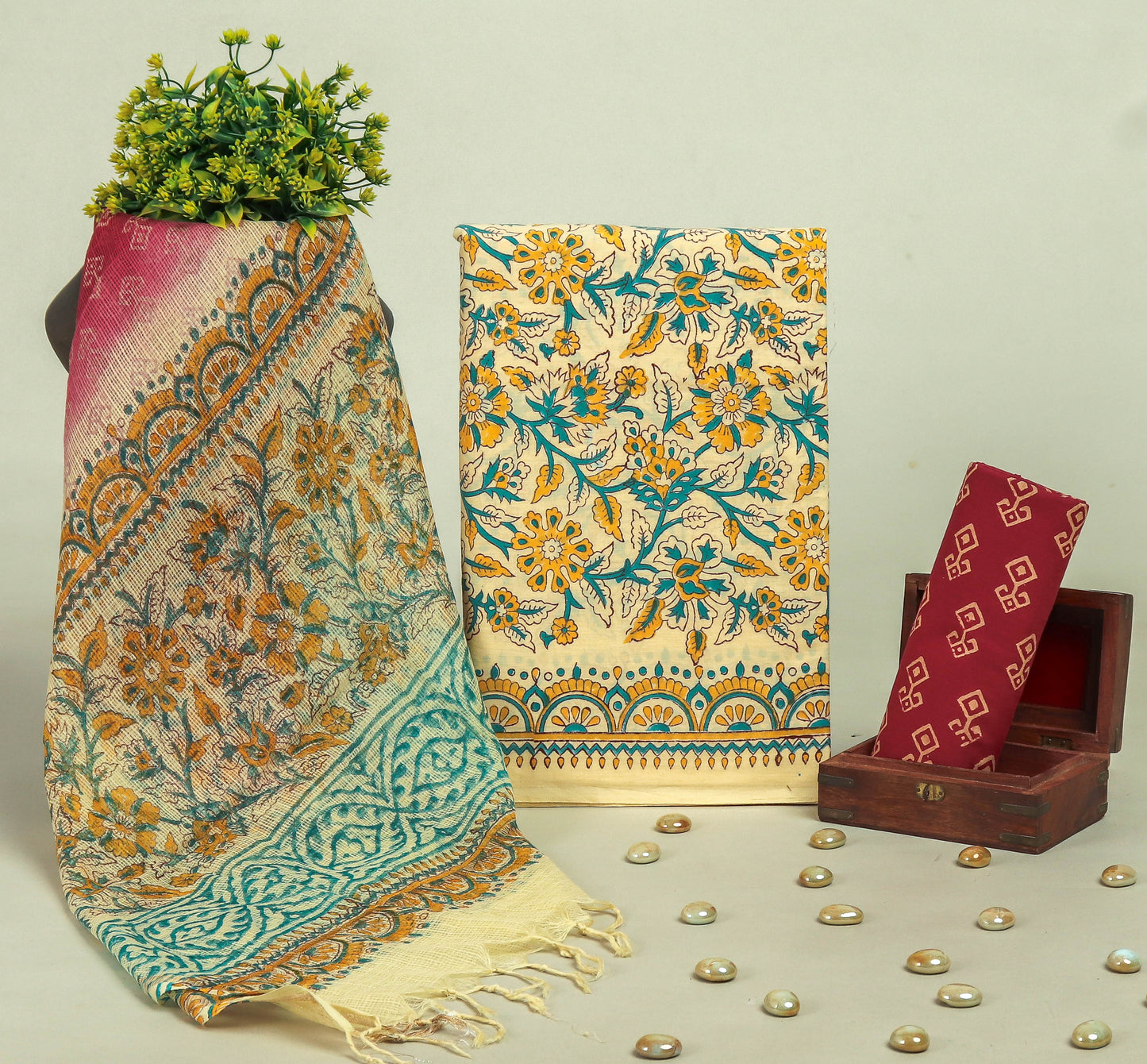 Beautiful Discharge Printed Cotton Suit with Pure Kota Doria Dupatta
