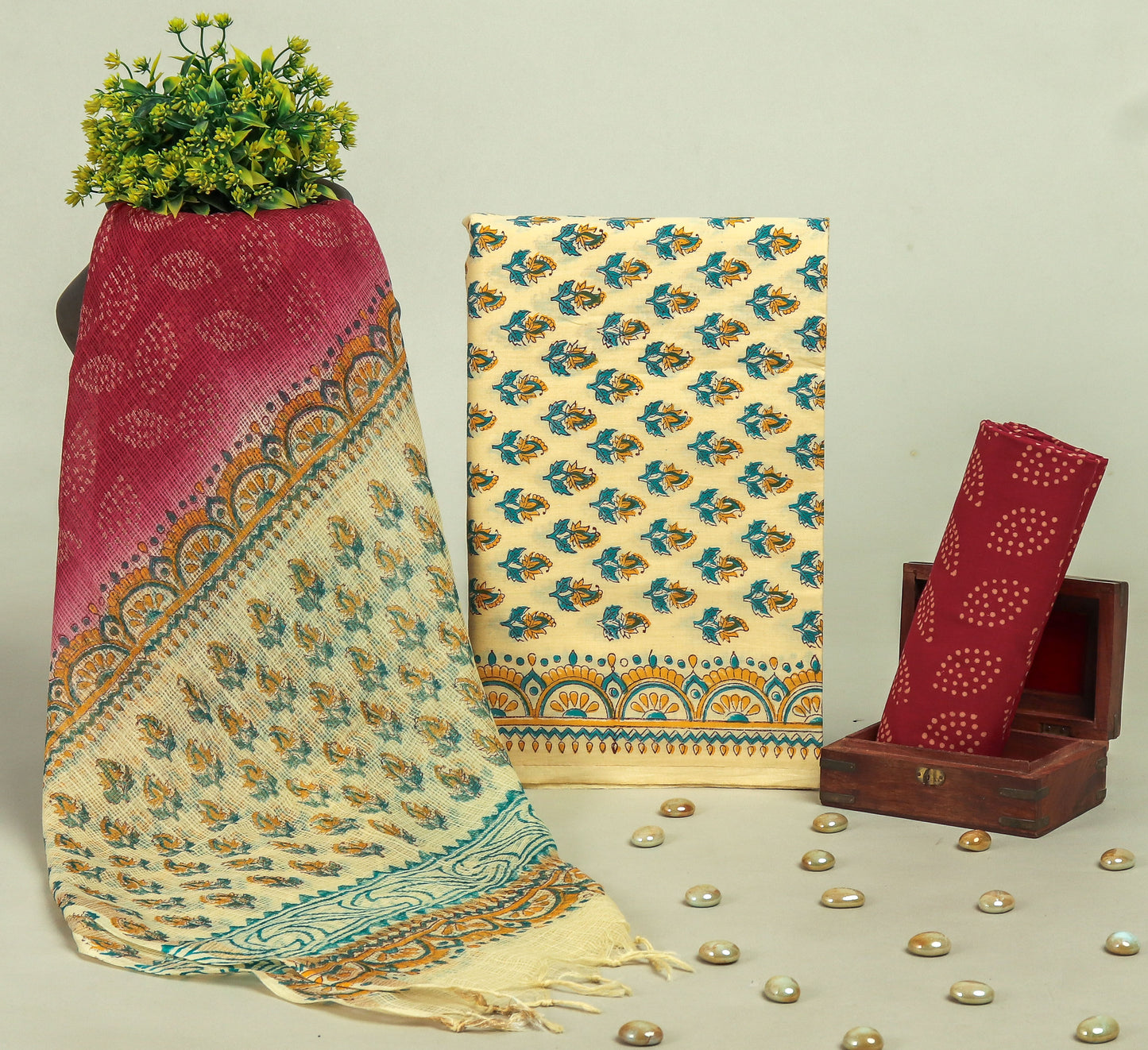 Beautiful Discharge Printed Cotton Suit with Pure Kota Doria Dupatta