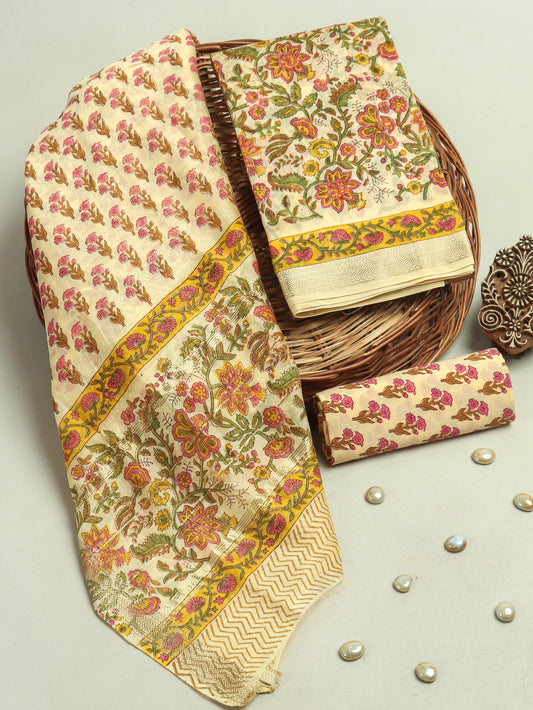 Hand Block Printed Maheshwari Silk Suit with Maheshwari Silk Dupatta