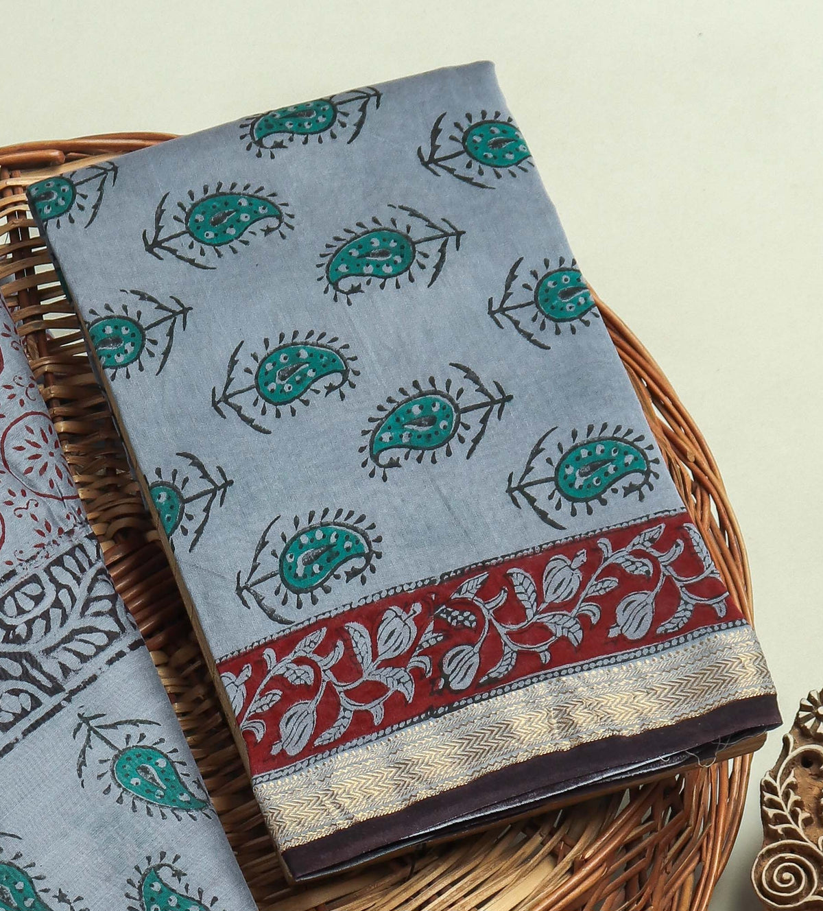 Hand Block Printed Maheshwari Silk Suit with Maheshwari Silk Dupatta