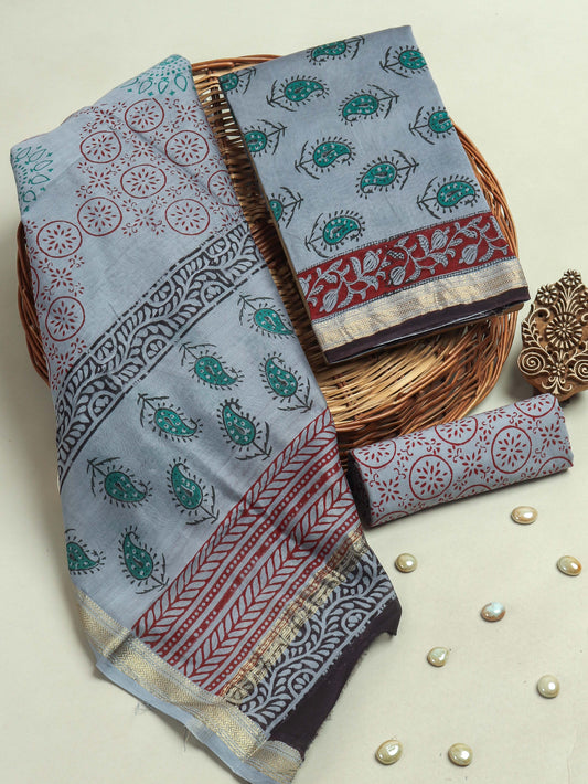 Hand Block Printed Maheshwari Silk Suit with Maheshwari Silk Dupatta