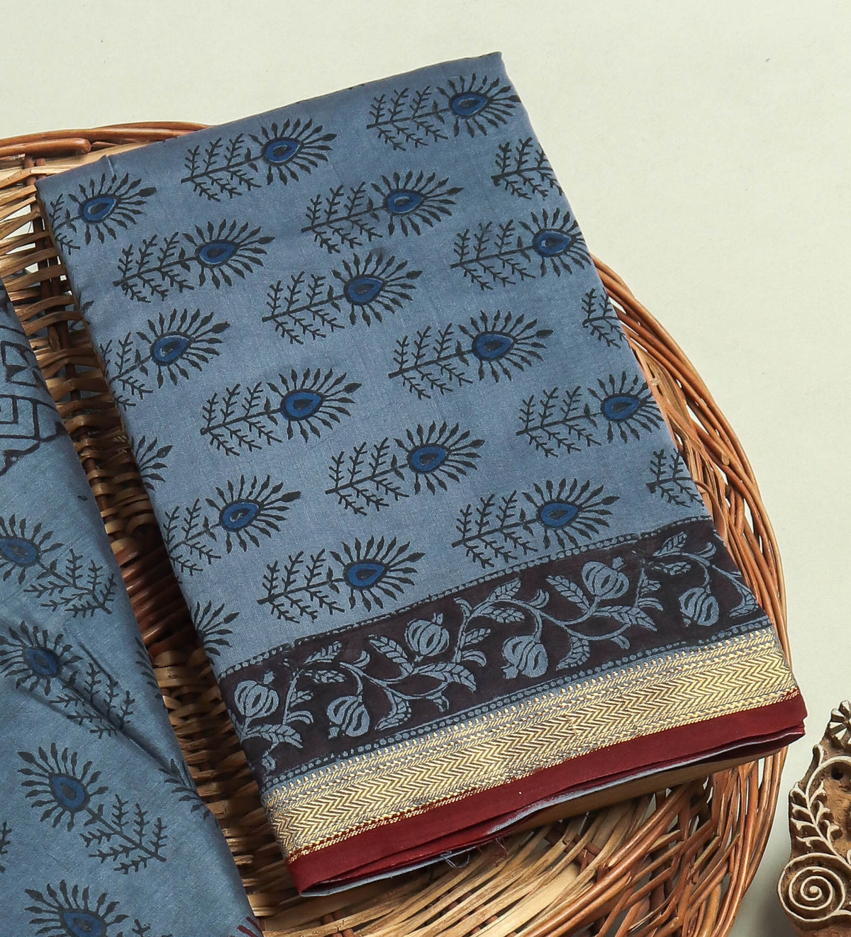 Hand Block Printed Maheshwari Silk Suit with Maheshwari Silk Dupatta
