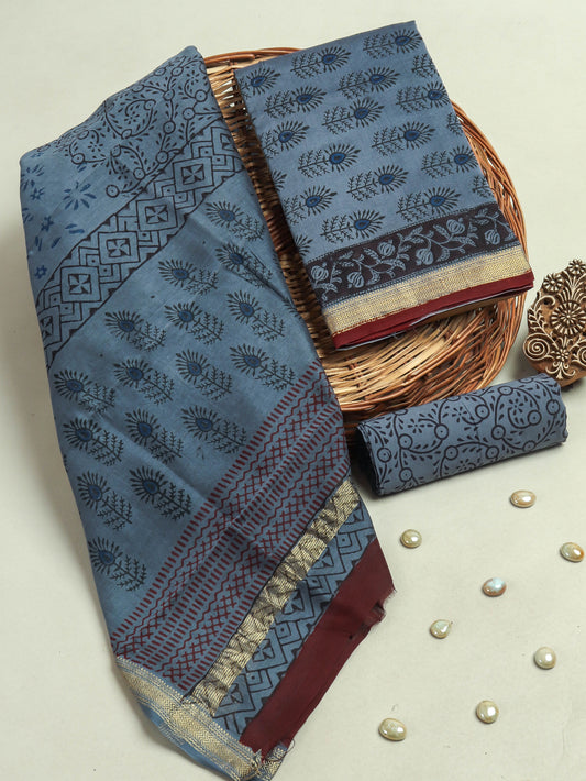 Hand Block Printed Maheshwari Silk Suit with Maheshwari Silk Dupatta