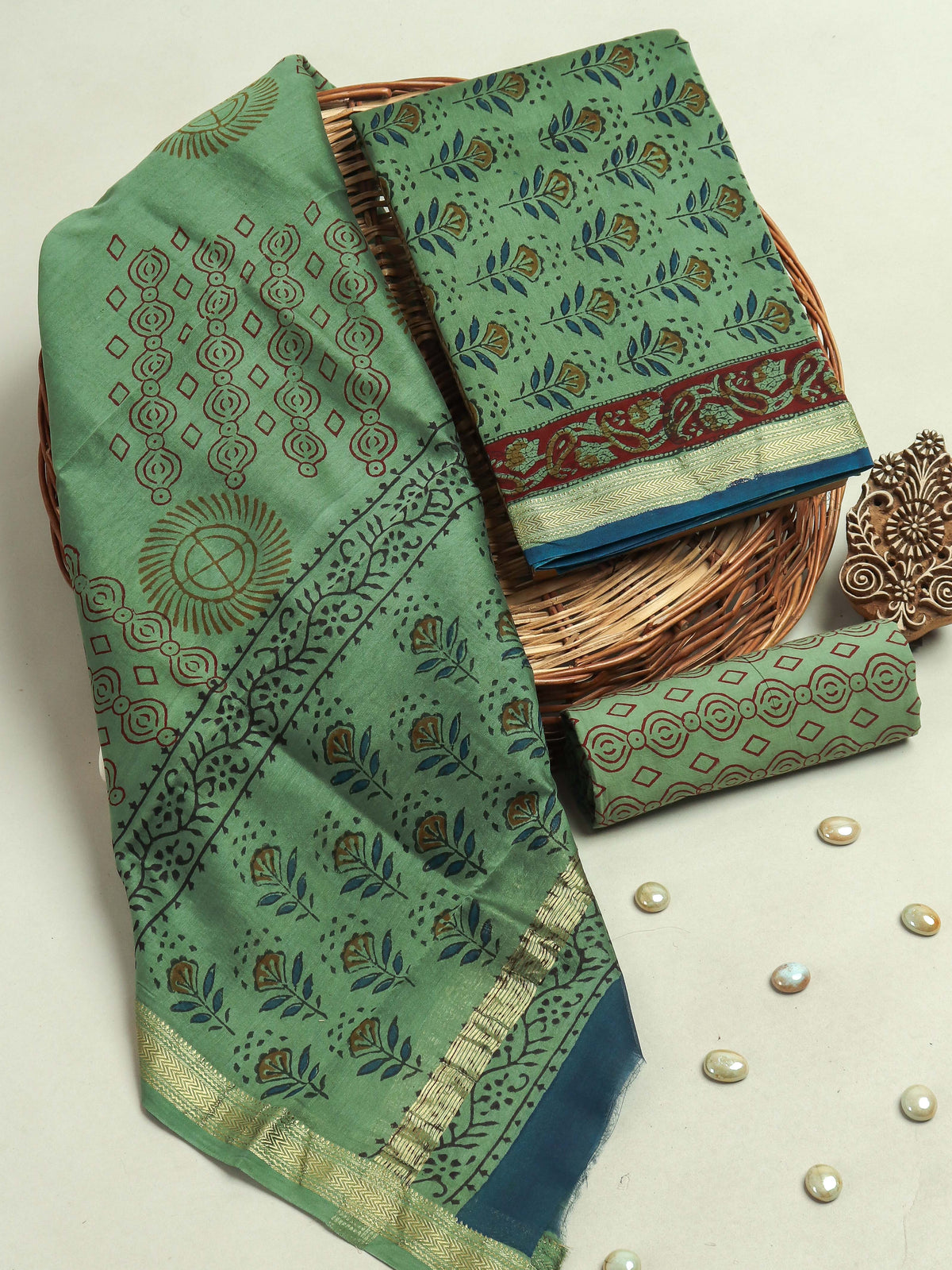 Hand Block Printed Maheshwari Silk Suit with Maheshwari Silk Dupatta