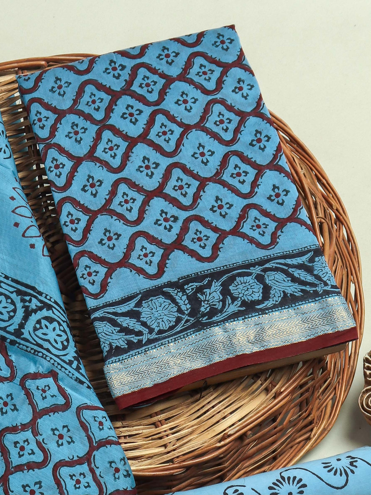 Hand Block Printed Maheshwari Silk Suit with Maheshwari Silk Dupatta