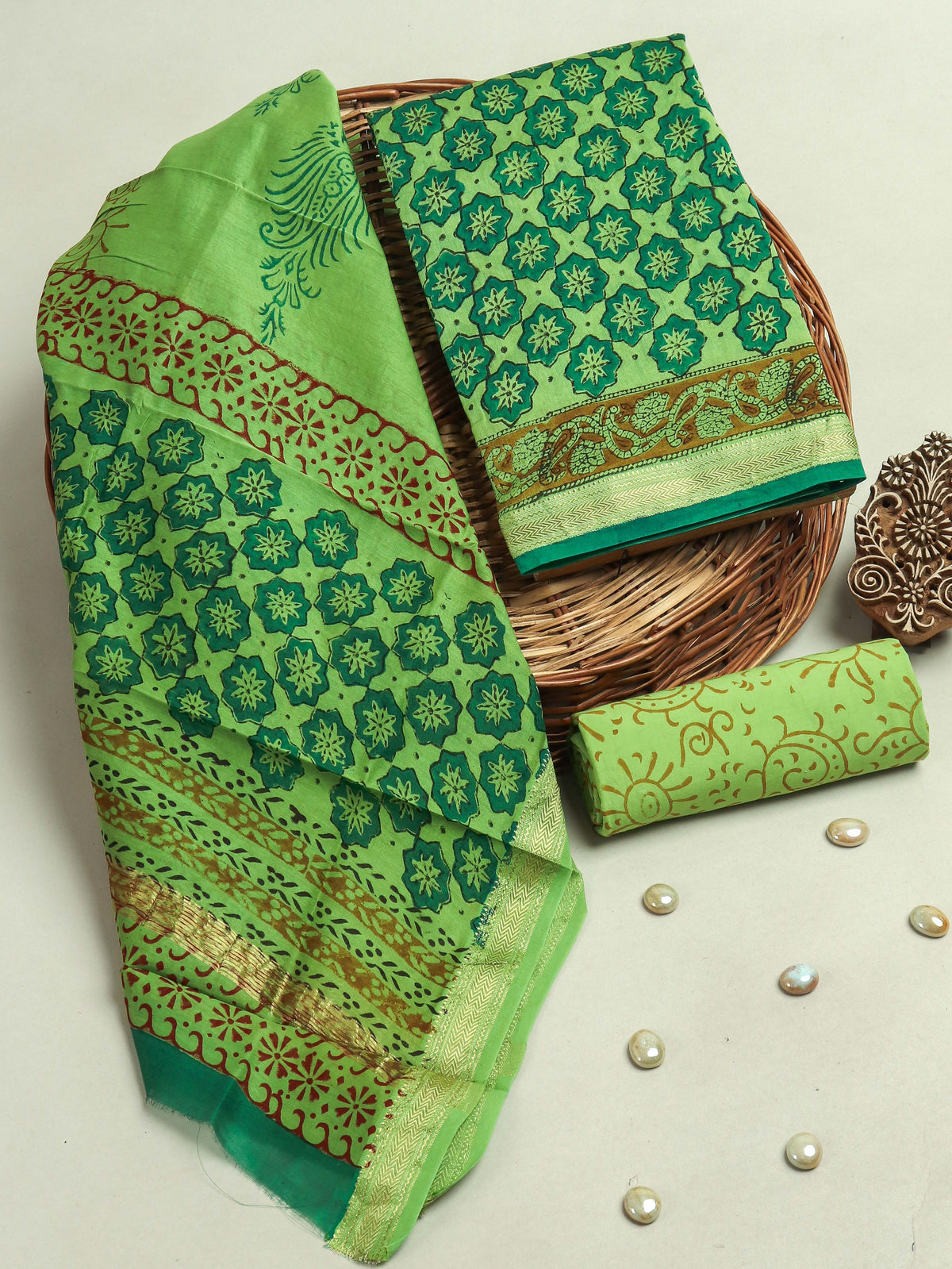 Hand Block Printed Maheshwari Silk Suit with Maheshwari Silk Dupatta