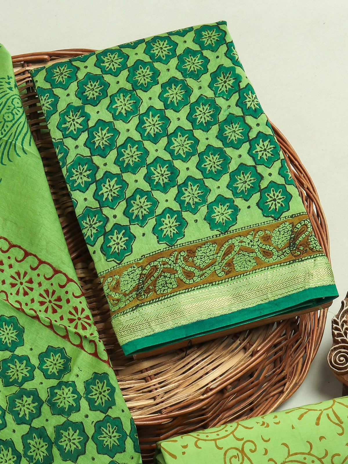 Hand Block Printed Maheshwari Silk Suit with Maheshwari Silk Dupatta