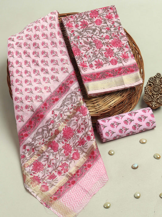 Hand Block Printed Maheshwari Silk Suit with Maheshwari Silk Dupatta