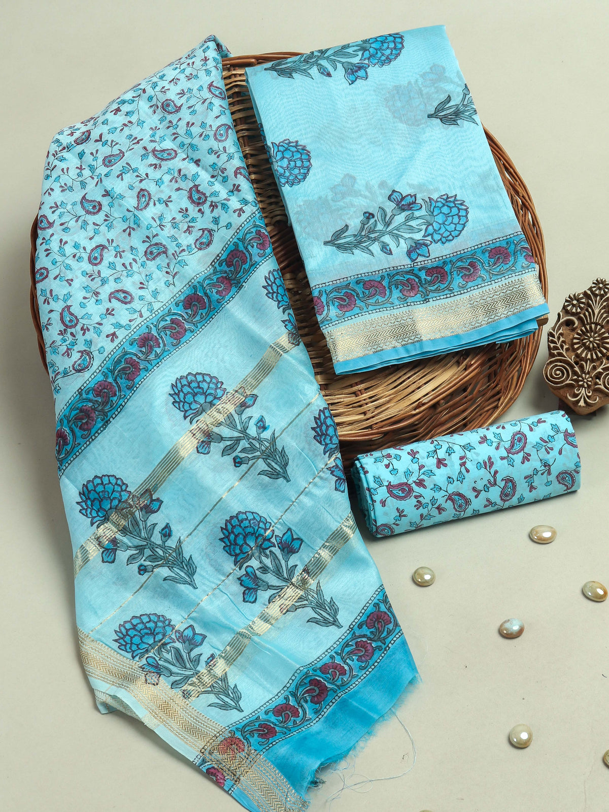 Hand Block Printed Maheshwari Silk Suit with Maheshwari Silk Dupatta