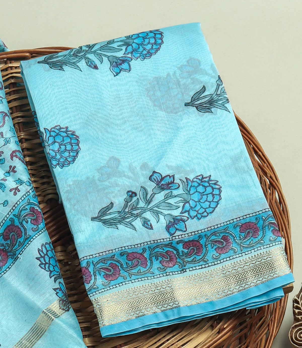 Hand Block Printed Maheshwari Silk Suit with Maheshwari Silk Dupatta
