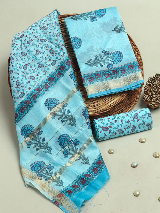 Hand Block Printed Maheshwari Silk Suit with Maheshwari Silk Dupatta