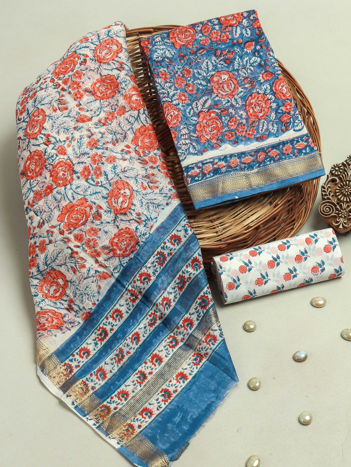 Hand Block Printed Maheshwari Silk Suit with Maheshwari Silk Dupatta