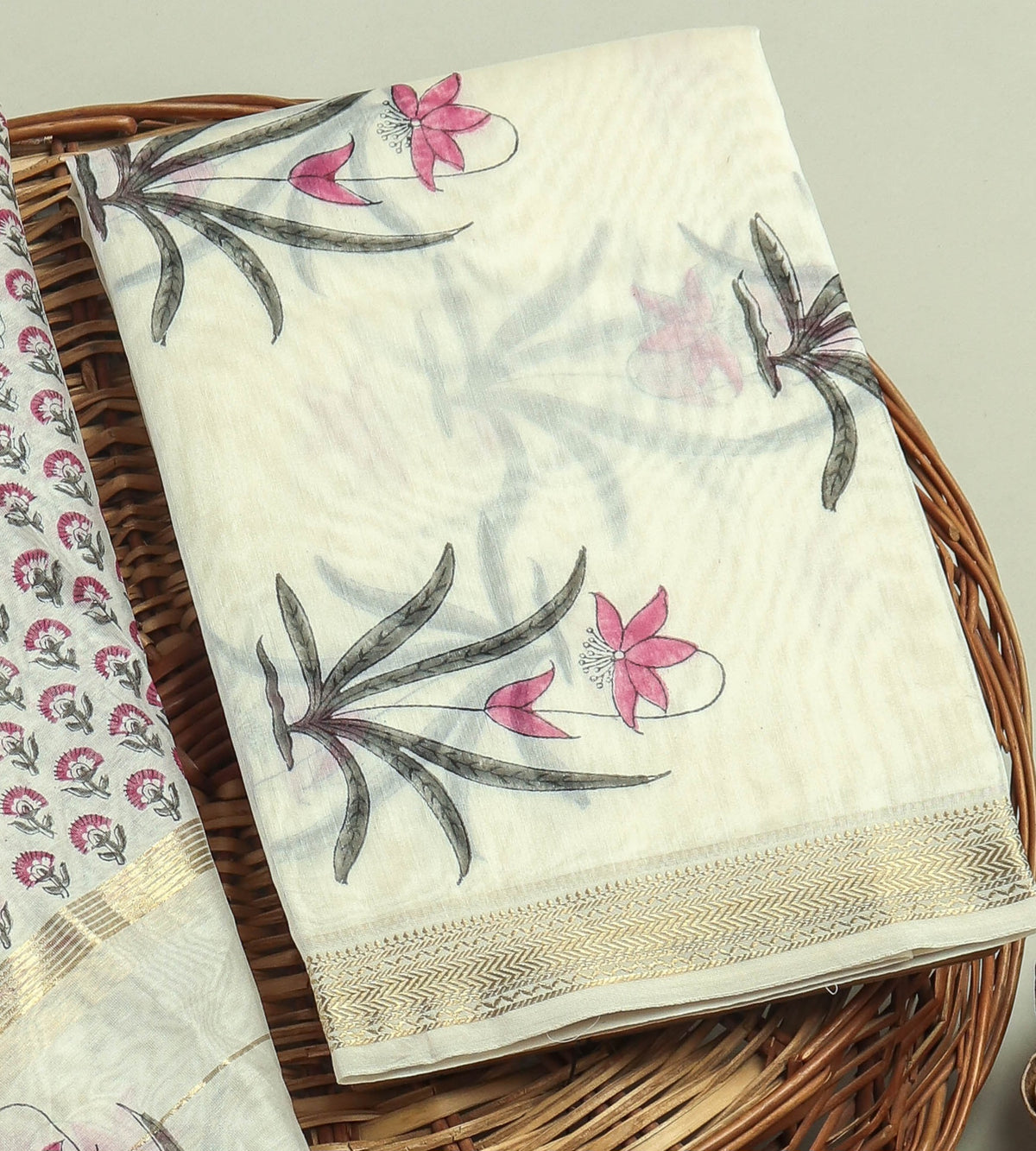 Hand Block Printed Maheshwari Silk Suit with Maheshwari Silk Dupatta