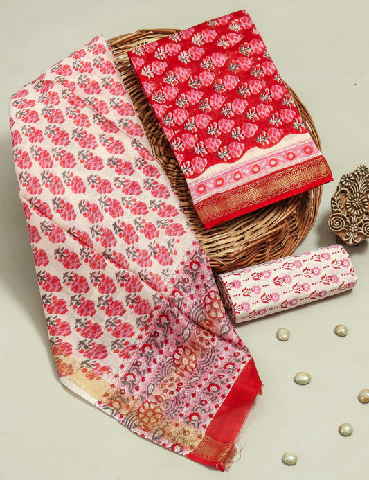 Hand Block Printed Maheshwari Silk Suit with Maheshwari Silk Dupatta