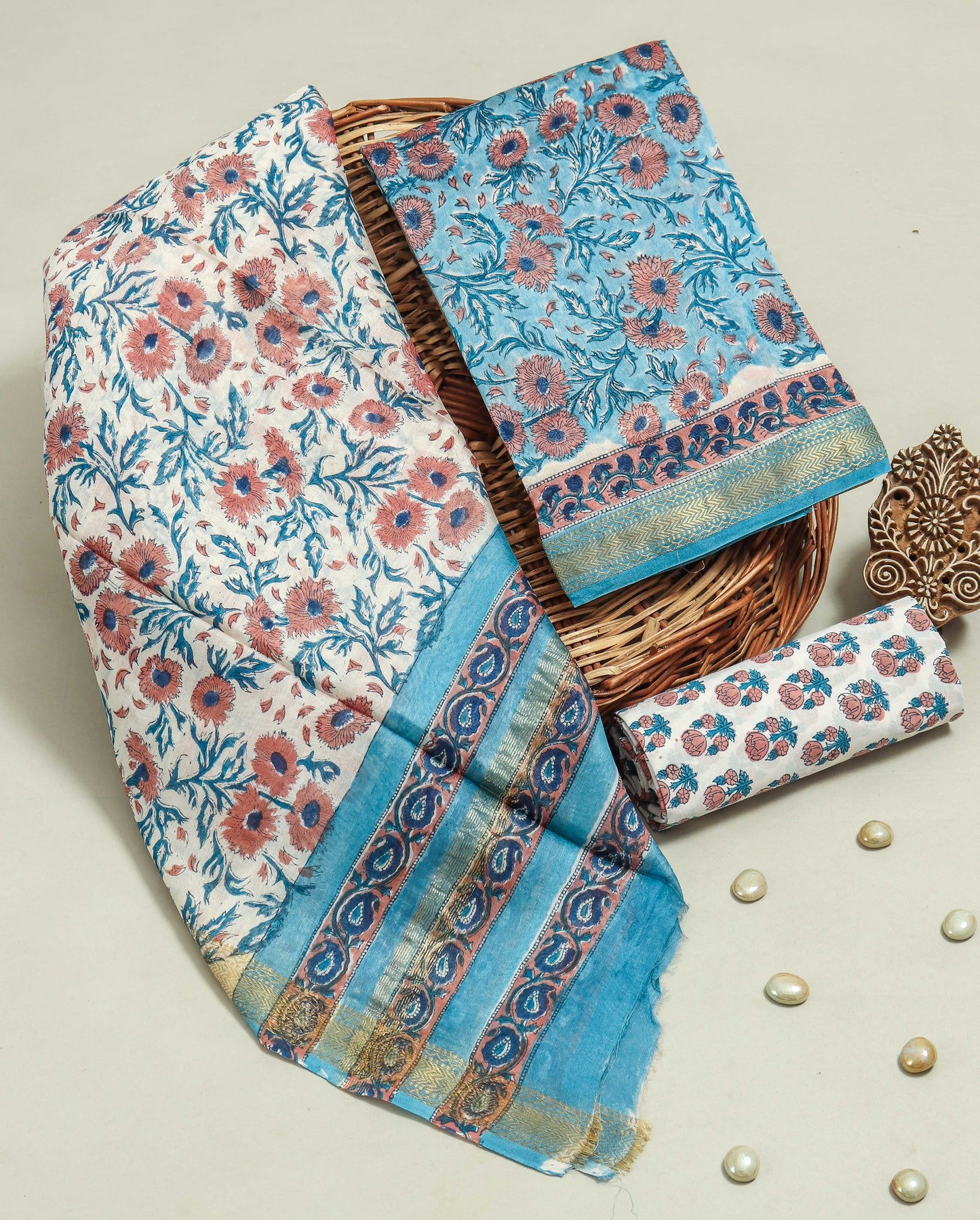 Hand Block Printed Maheshwari Silk Suit with Maheshwari Silk Dupatta